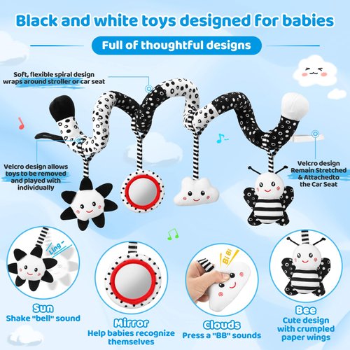 AJsupojouet Car Seat Toys Hanging and Stroller Toys for Babies 0-6 Months，High Contrast Baby Toys for Newborn 0 3 Months Brain Development,Black and White Baby Toys for Crib Mobile，Infant Ideal Gift