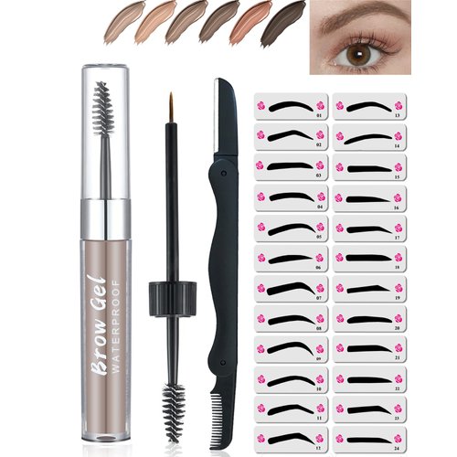 Waterproof Tinted Eyebrow Gel Kit- Long Lasting Eye Brow Color Makeup,Tinted Eye Brow Cream, Sweatproof Eyebrow Gel With Brow Razor Brush & 24 Pcs Brow Stencil,Christmas Makeup Gift for Women-03 Brown