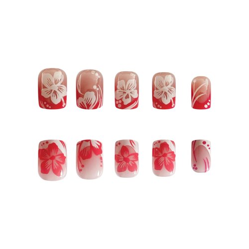 LBPEPAMZ White Hibiscus Flower Press on Nails Medium Square False Nails Nude Pink Glue on Nails Spring Summer Fake Nails Glossy Full Cover Fake Nails Kit for Women Daily Wear 24Pcs