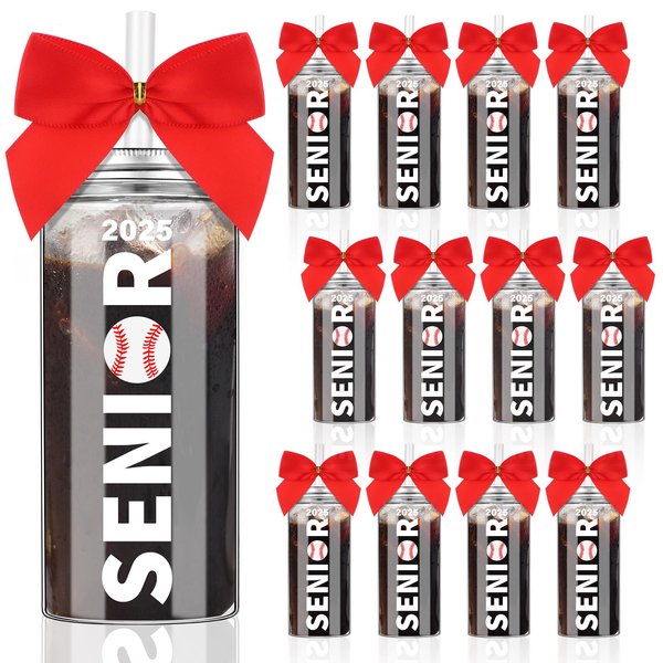 Skylety 12 Pack Baseball 2025 Senior Night Gifts 13.5 oz Plastic Baseball Cup with Lid and Straw Bow Decorated Senior Night Gifts Clear Reusable Tumbler Water Bottles for Sports Team