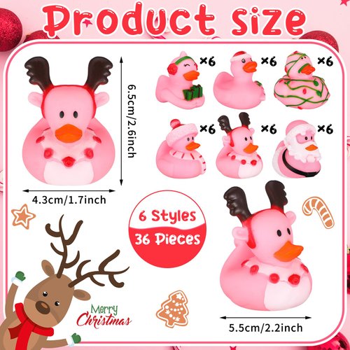 Honoson 36 Pcs Christmas Pink Rubber Ducks Bath Toy Rubber Duck Bulk Mini Ducks for Birthday Gifts Shower Party Favors Activity Birthday Decoration Rewards
