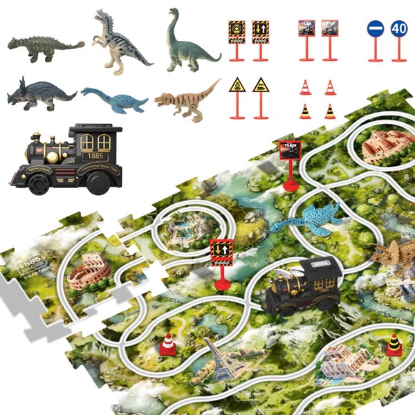 Puzzle Track Car Play Set with 6PCS Dinosaur Figures Railcar Floor Puzzle for Kids Ages 3-5 Race Tracks Montessori Toys for Toddlers Birthday Gift for Boys 3 4 5 6 Years Old