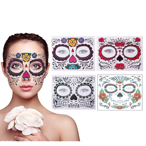 4 Pack Day of the Dead Sugar Skull Face Temporary Tattoo Halloween Makeup Tattoo Stickers for Hal...