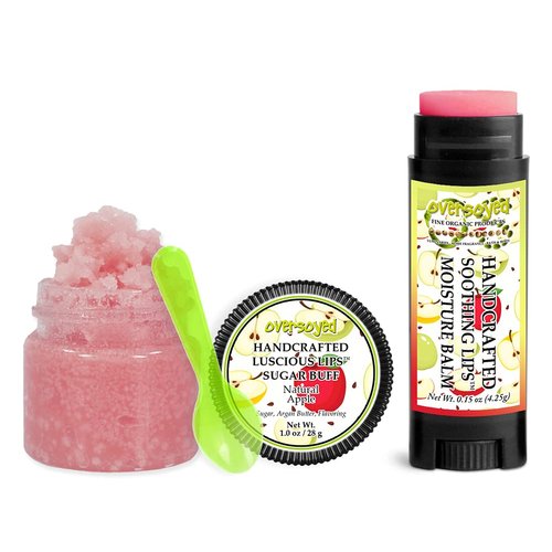 Natural Apple Soothing & Luscious Lips by OverSoyed Exfoliator & Chapped Lip Repair Lip Care Combo | Artisan Handcrafted to Order Juicy Apple Dewy Lemon Subtle Floral Flavored Exfoliating Sugar Lip Scrub & Lip Moisturizer Balm Gift Set