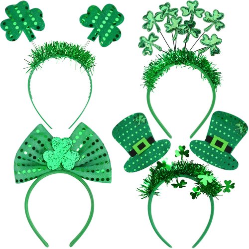 Ardorchid St Patrick's Day Headbands Green Shamrock Hair Hoops Sequin Irish Hat Bow Leprechaun Hair Accessories for Women and Men Party Favors Supplies Costume