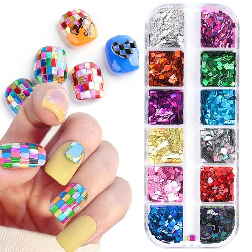Square Glitter Nail Art Sequins, 12 Colors Rectangle Glitters Flakes Design, Holographic 3D Sparkly Acrylic Nails Supplies for Women Girls Manicure Powder Charms Decorations, DIY Shiny Nail Art Tips
