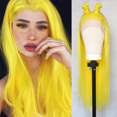 Luwigs Lemon Yellow Lace Front Wigs Synthetic Silky Straight Sexy Yellow Hand Tied Replacement Wi...
