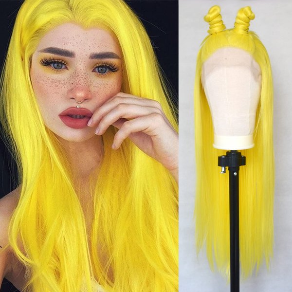 Luwigs Lemon Yellow Lace Front Wigs Synthetic Silky Straight Sexy Yellow Hand Tied Replacement Wigs Heat Resistant for Party Cosplay Daily Wear 22 Inch