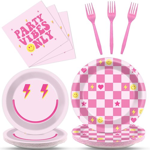 Justforjoyful 96Pcs Preppy Party Supplies Pink Smile Face Paper Plates Napkins Preppy Smile Face Party Tableware Set Preppy Smile Face Dinnerware for Birthday Party Baby Shower Decoration Serve 24