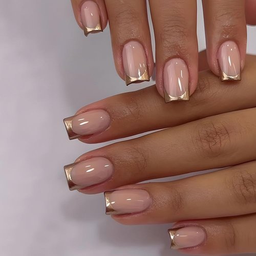 CEWEWP Gold French Tip Press on Nails Medium Fake Nails Square Shape False Nail Tips Full Cover Glue on Nails Nude Pink Medium Length Square Shape French Tip Nails Press ons for Finger Manicure, 24Pcs