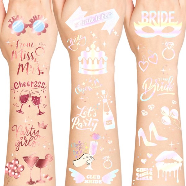 100 PCS Bride Metallic Tattoos, 4 Sheets Bride Glitter Temporary Tattoos, Cheers Bachelorette Tattoos, Bachelorette Party Decorations, Bridesmaid Favor