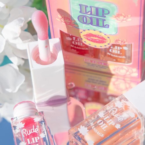 RUDE Cosmetics Lip Oil Massage Set, Plumping Lip Gloss Oil for Women & Girls, Hydrating & Moisturizing Lipgloss for Soft, Nourished Lips, Ideal for On-the-Go Lip Care, Strawberry & Peach