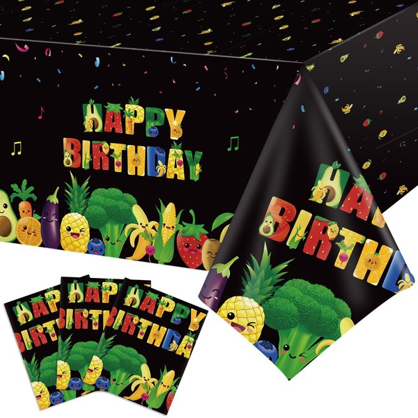 Tiamon 3 Pcs Fruit Birthday Table Cloths Hey One Bear Sensory Fruit and Vegetable Plastic Tablecloths Disposable Rectangle Fruit Table Covers for Birthday Party Decorations Supplies, 54 x 108 Inch