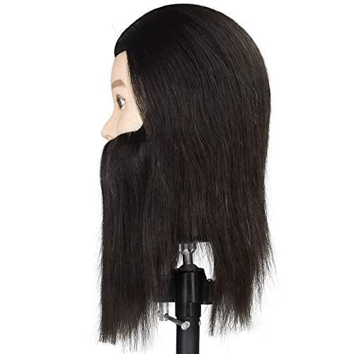 JMHAIR Professional Barber Male Mannequin head with human Hair Men Training Manikin Cosmetology Doll Head Short Hair Cutting (Black With Beard)