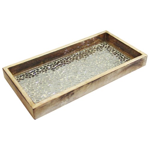 NuSteel Mosaic Tray Towel Holder in Natural Wood & Silver Mosaic for Paper Towels, Bathroom Decor, Rolling Tray