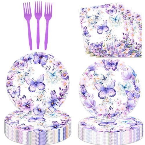 51 Pcs Butterfly Birthday Party Supplies Purple Butterfly Tablecloth Paper Plates Napkins Forks Dinnerware for Butterfly Girls Baby Shower 1st 2nd 3rd 4th Birthday Party Supplies Decorations