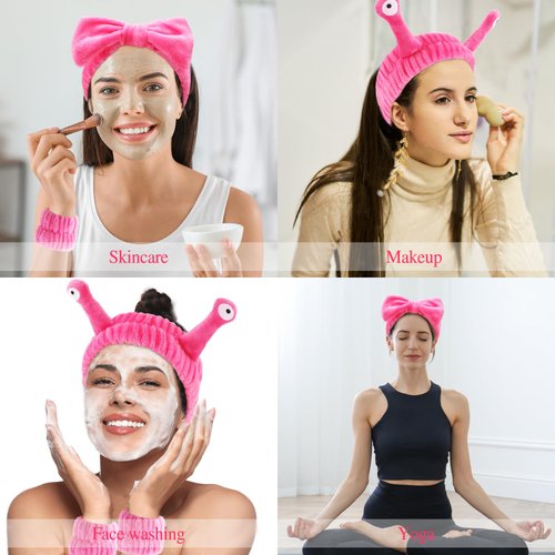 Atoden Spa Headband and Wristband Set Skincare Headband Makeup Headband Bowknot Snail Headbands Wrist Bands for Washing Face Cute Animal Face Wash Headband for Women Girls (Hot Pink)