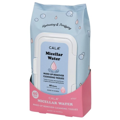 Cala Micellar water make-up remover cleansing tissues 60 count, 60 Count