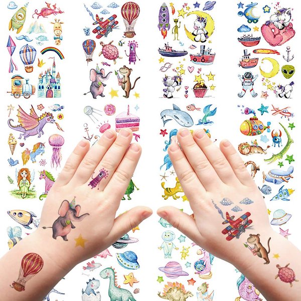 Fanoshon Kids Temporary Tattoos for Little Girls Boys, 120+ Small Space Astronaut Alien Dinosaur Mermaid Fake Face Stickers for Children Birthday Party Supplies Goodie Bag Stuffers