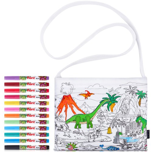 Mindsoft Coloring Craft Coloring Crossbody Bag with 12 Pcs Markers Pens, 7.09x8.66 Inches Coloring Art Crossbody Bag for Birthday Gifts Party Decoration Supplies (Dinosaur)