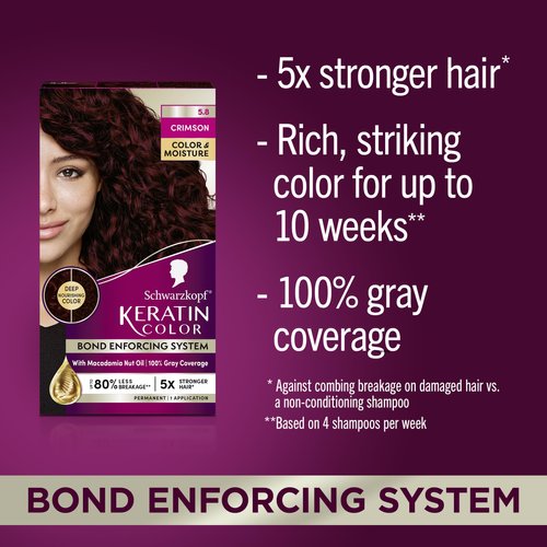 Schwarzkopf Keratin Color Permanent Hair Dye Cream, 5.8 Crimson, 1 Application - Professionally Inspired Hair Color Enriched with Keratin and Macadamia Nut Oil - Hair Dye with Pre-Serum,all Hair Types