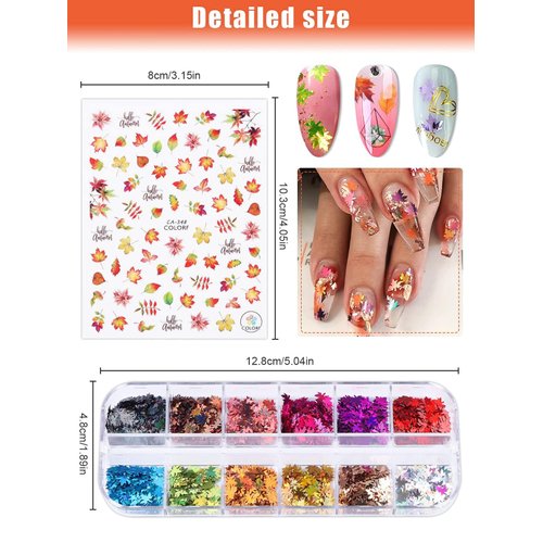 36 Pcs Autumn Fall Nail Art Stickers and Maple Leaf Nail Glitter Sequins, Kalolary 3D Self-Adhesive Fall Maple Leaf Nail Decals Stickers Splarkly Nail Sequins Flake Acrylic Manicure Paillettes