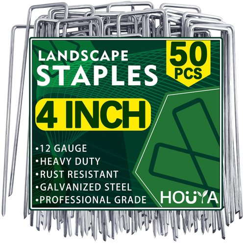 HOUYA 50 Pack Landscape Staples 4 Inch 12 Gauge Garden Stakes Galvanized Garden Staples Pins Anti-Rust Ground Stakes for Weed Barrier, Irrigation Tubing, Yard Lawn, Landscape Fabric