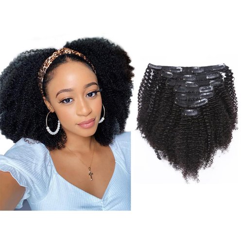 Afro Kinky Curly Clip in Human Remy Hair Extensions Brazilian Curly Clips Hair Extensions 4B 4C 8A Virgin Thick Natural Black Color Clip on For Black Women 10-22 inch (12 inch, AC #1B)