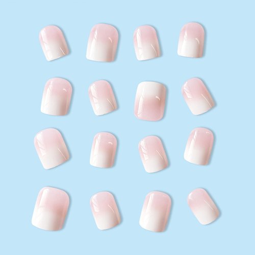 Ombre Press on Nails Short Square Fake Nails Nude False Nails Pink Nails Press ons Full Cover Acrylic Stick on Nails Gradient White French Tip Glossy Glue on Nails for Women Manicure Set 24Pcs