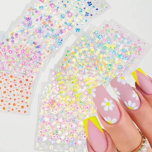 30 Sheets Colorful Flower Nail Art Stickers 3D Self-Adhesive Spring Summer Nail Art Design Flowers Rose Daisy Cherry Blossoms Nail Decals Pink Floral Nail Design Nail Stickers for Woman Girls