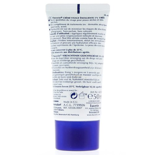 Eucerin 5% Urea Smoothing Face Cream, 50ml - Hydrating Moisturizer for Dry Skin, Dye-Free, Adult