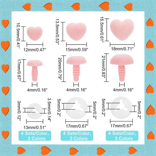 PH PandaHall 36pcs Flocking Safety Noses 3 Sizes Heart Noses Crafts Noses Amigurumi Noses Pink Nose Velvet Stuffed Animal Noses with Washers for Teddy Bear Puppets Plush Animals Crochet Making