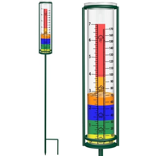 X-PREK Glass Rain Gauge with Colored Background Strip,7" Capacity Easy to Read Outdoor Rain Gauges Best Rated Metal Rain Guage with Stake for Garden Patio Yard Art Decorations