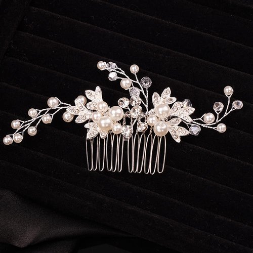 Teyglen Silver Leaf Wedding Hair Comb Bridal Crystal Pearl Hair Pieces Bridal Hair Side Comb for Bride Rhinestone Headpieces Hair Accessories for Women Girls (Silver)