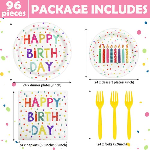 96 Pcs Birthday Party Supplies Disposable Tableware Set with Colorful Dots Design Include Birthday Plates and Napkins Plastic Forks Birthday Party Decorations, Serve 24 Guests