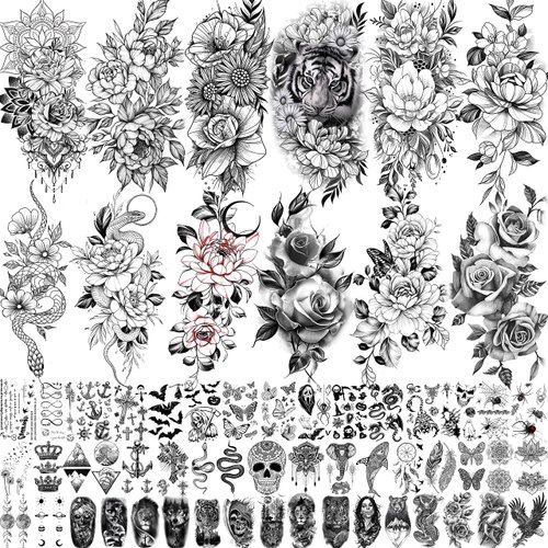 61 Sheets FANRUI Moon Peony Flowers Temporary Tattoos For Women Girls Arm Sleeve Thigh, Waterproof Realistic Rose Floral Tattoo Sticker Adults, Bulk Temp Long Lasting Fake Tattoos That Look Real Snake