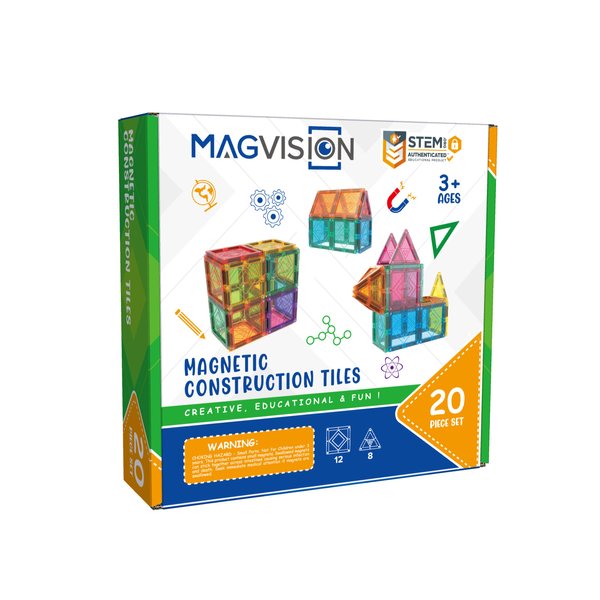 MagVision 20-Piece Magnetic Building Tiles Set, Stem Magnetic Building Blocks, Extra Strong and Safe Magnets, Stem Toys, Magnetic Blocks, Educational Toys for Children Ages 3+ Years