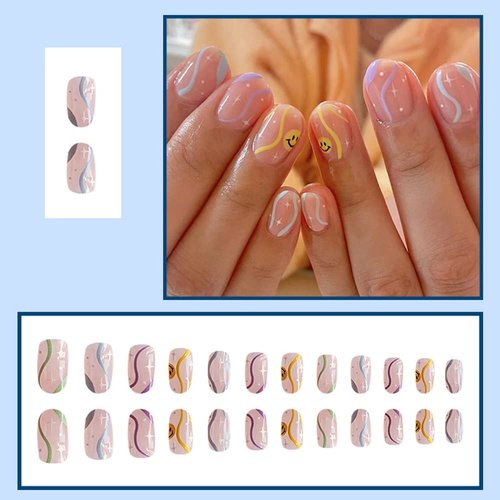 24 Pcs French Press on Nails Colored Lines Fake Nails Oval stick on Nail Short Glue on Nails Acrylic Cute Smiley Face Design False Nails for Women Or Girl Manicure Ornament