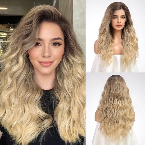 HAIRCUBE 13x4 Ombre Blonde Side Parting Long Curly Wigs HD Lace Front Wig Pre Plucked Heat Resistant Synthetic Wigs For Women 26inch