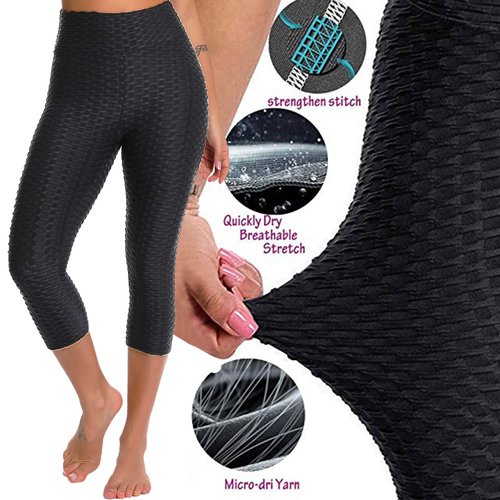 FITTOO Women's Textured Booty Scrunch Capri Leggings Ruched Yoga Pants Butt Lifting Workout Tights Black L
