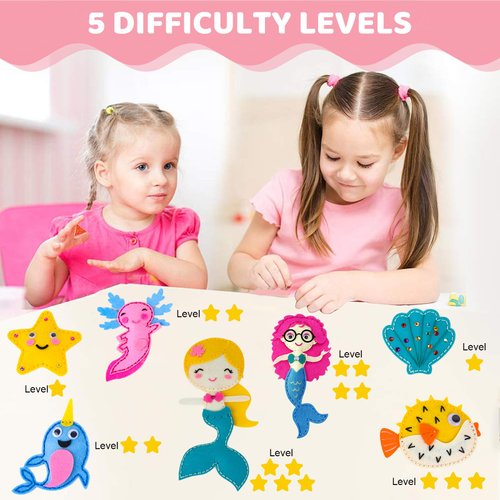 SPROUT & SPARK STUDIO Sewing Kit for Kids, DIY Set for Girls Ages 5+, Beginner,Arts and Crafts,Felt，7 Easy Projects of Stuffed Dolls, Play n Learn,Mermaid,Axolotl,