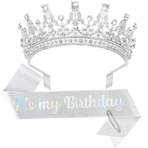 BAHABY Birthday Crown It's My Birthday Sash & Rhinestone Tiara Set Birthday Sash and Crown Princess Birthday Sash and Tiara for Women Birthday Decorations (Silver)