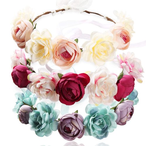 MOAMUN 3PCS Handmade Flower Headband Floral Crown, Bridal Hair Wreath Wedding Floral Garland Head...
