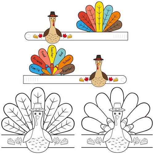 Gatherfun Autumn Children School Party Decor, 12ct Fall Thanksgiving Paper Headbands - Color Your Own Turkey Activity Headbands, Thanksgiving Party Craft Activities & Turkey Party Favors