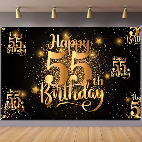 Happy 55th Birthday Backdrop Banner Step and Repeat 55 Years Old Background Decorations for Women Men Her Him Photography Party Supplies Glitter Black Gold