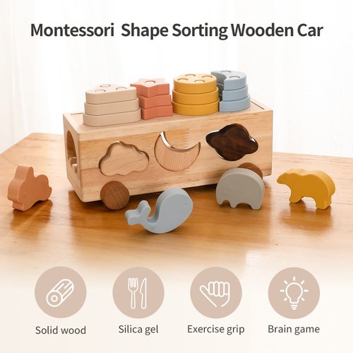 Samonyed Shape Sorter Toys for Toddlers 1-3 Montessori Stack Toy Car for 1 Year OldBaby Blocks Sorting Wooden&Silicone Educational Car Stacking Toys Montessori Toy1 2 3 Year Old Girls Boys Gifts
