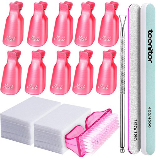 Teenitor Nail Gel Remover Tools Kit with Pink Polish Remover Clips, Cuticle Peeler Scraper, Gel Nail Brush, 115 Pack Nail Wipe Cotton Pads, Nail File Grits 120/180 Buffer Block Grits 400/4000