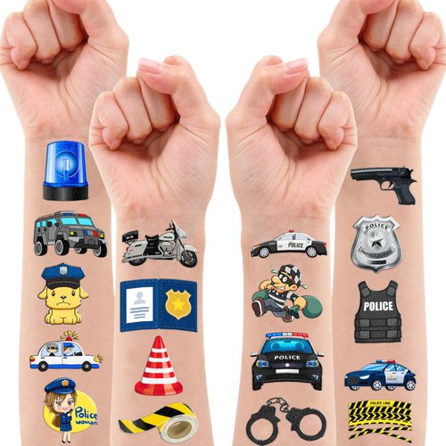 Police Officer Tattoos Temporary Theme Birthday Party Decorations Favors Supplies Decor Cute Tattoo Stickers 8 Sheets 96 PCS Gifts for Kids Girl Boy Classroom Rewards Prizes Carnival Christmas