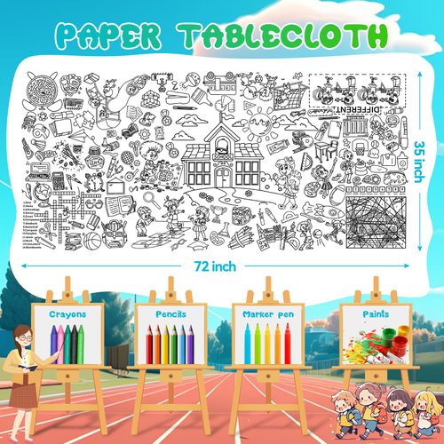 PADTIC Giant Coloring Poster,35x72 inches School Themed Coloring Tablecloth,Kids Coloring Tablecover,DIY Art Crafts Coloring Poster,Drawing Paper Coloring Table Cover,Coloring Sheet for Party Supplies