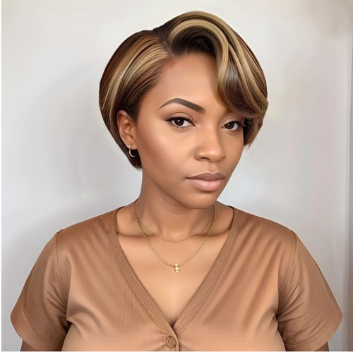 HANASCC Ombre Brown Highlight Bob Wig Human Hair Glueless Body Wave Highlight Bob Wig HD Lace Frontal Layered Cut Bob Wig Human Hair Pre Plucked 180% Density Ombre Short Bob Wigs for Women 6 Inch